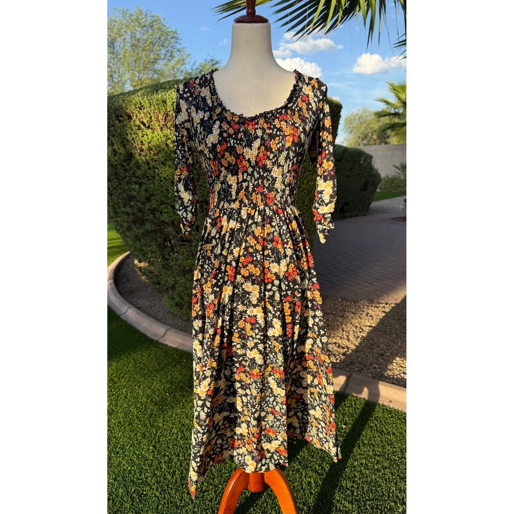 Maeve Anthropologie Omya Floral Mesh Smocked Midi Dress Black Orange Yellow XSP